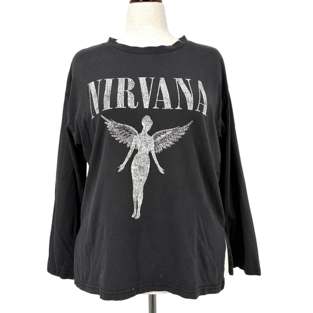H&M Charcoal Gay NIRVANA Band Long Sleeve Cotton T-Shirt 1990's Women's Medium